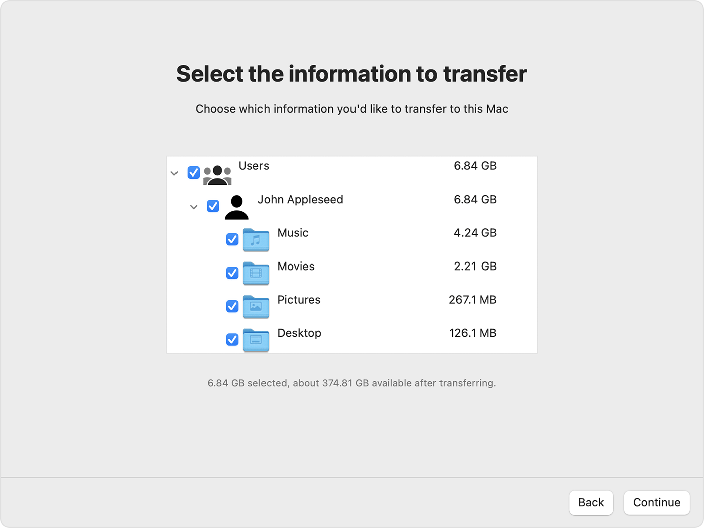 Assistente de migração Selecione as informações (PC) para transferir