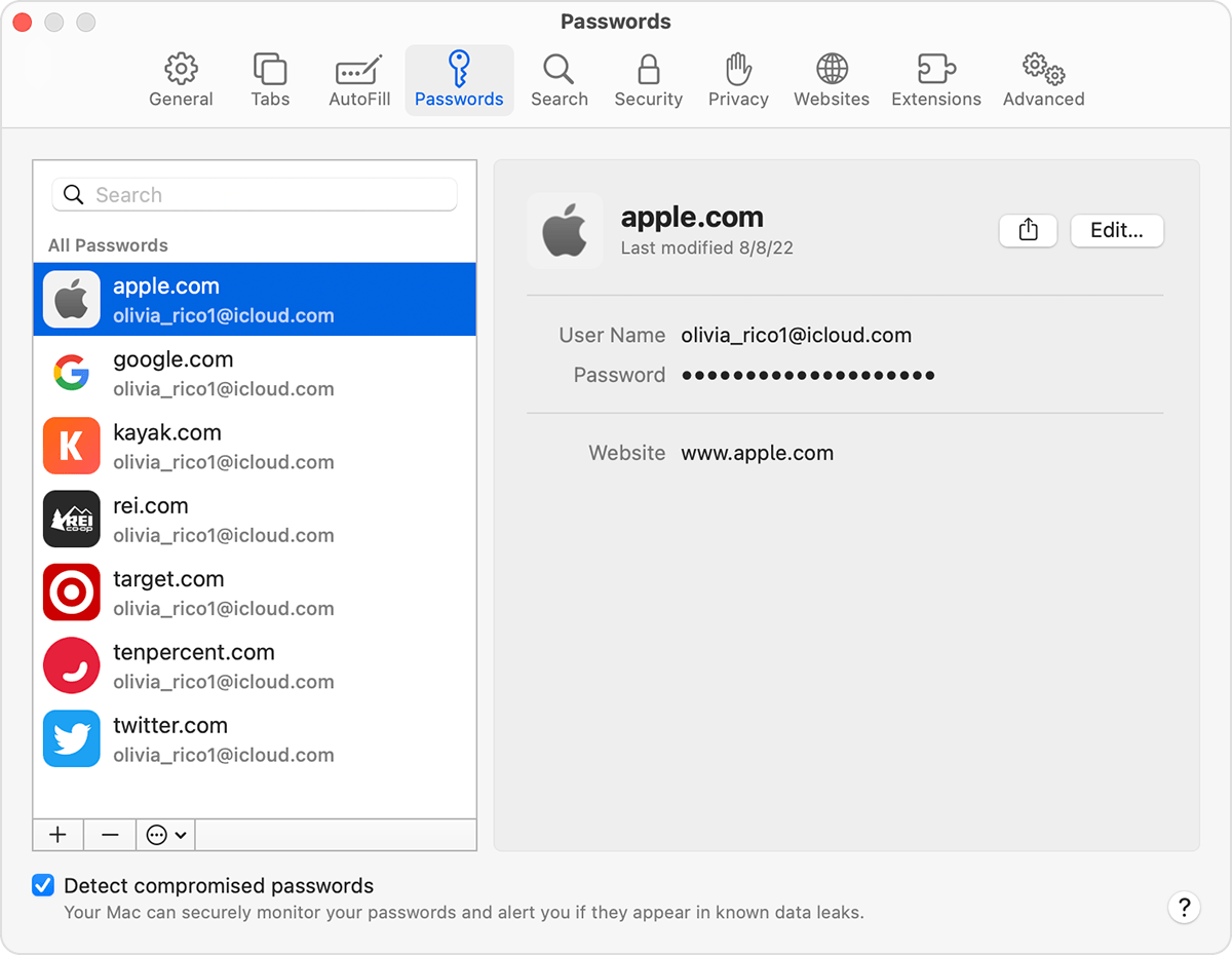 In Safari finden Sie Ihre gespeicherten Passwörter und Passkeys in Einstellungen