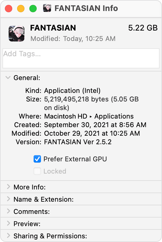 Mac App info window with Prefer External GPU selected
