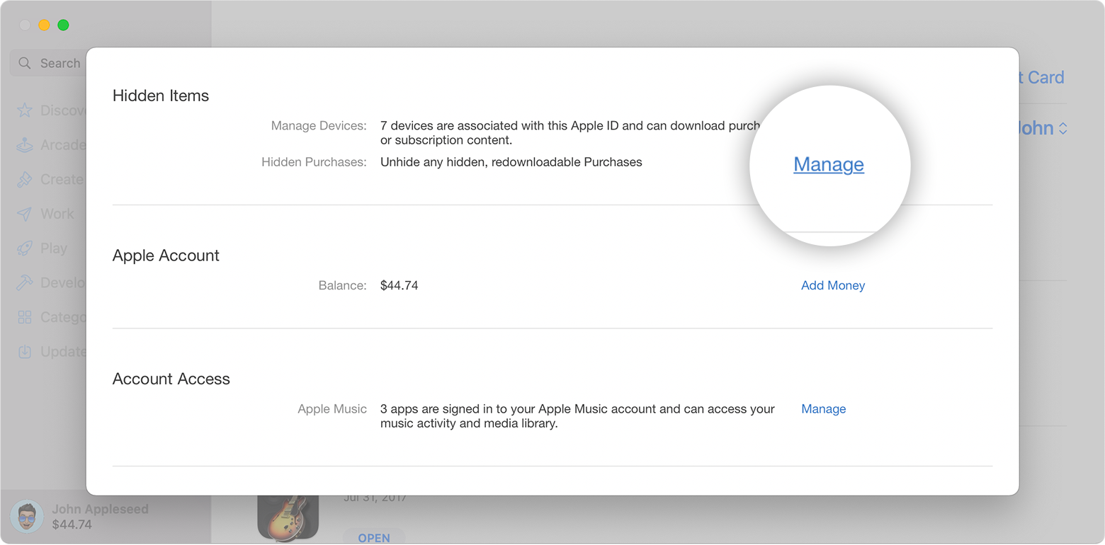 App Store v računalniku Mac, ki prikazuje razdelek »Hidden Items« (Skriti elementi) na strani s podatki o računu. Na sliki je poudarjen gumb »Manage« (Upravljaj).