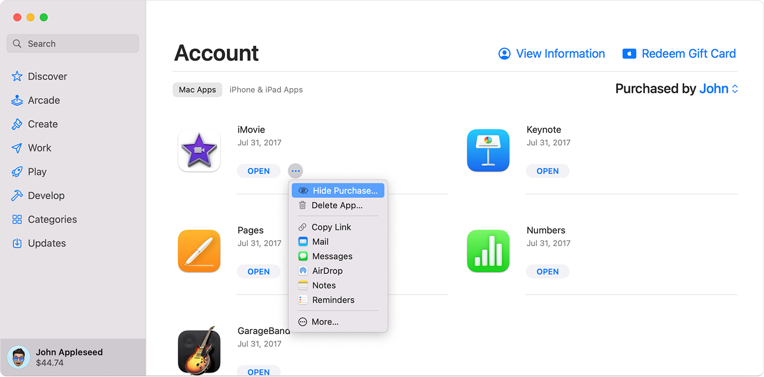 Mac datora ekrānā ir atvērta lietotnes App Store izvēlne, kas tiek rādīta pēc papildopciju pogas atlasīšanas. Ir atlasīta opcija Hide Purchase (Paslēpt pirkumu).