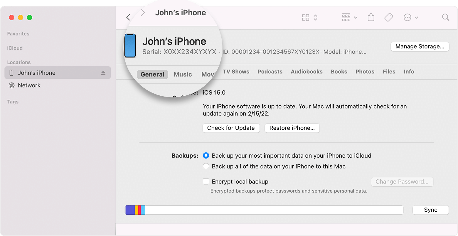 Screenshot of Finder window showing iPhone serial number