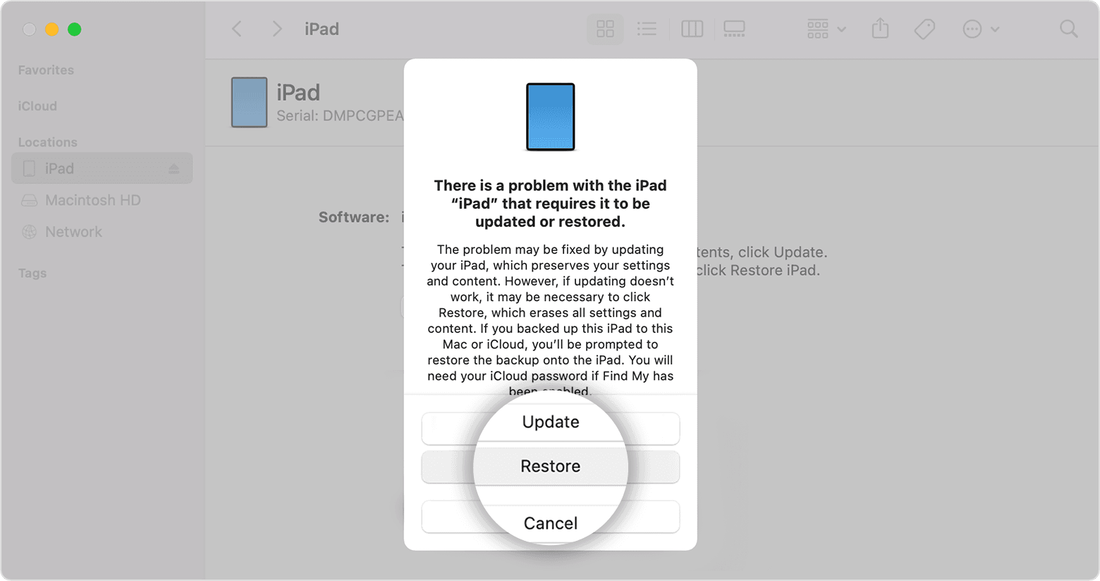 „iPad“ ekranas, kuriame rodomas mygtukas „Restore“ (atkurti)