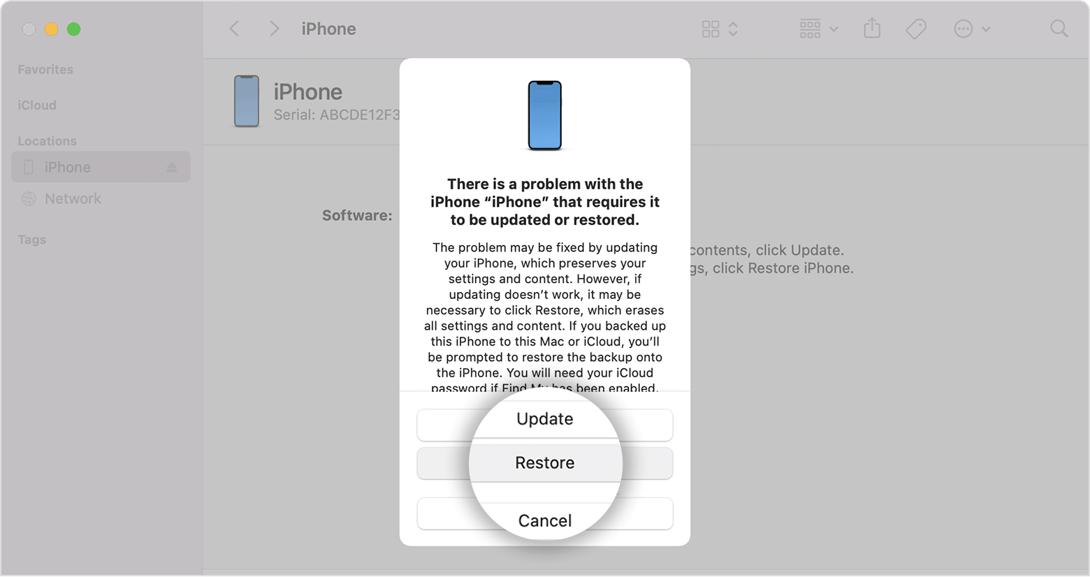 Pärast iPhone'i ühendamist arvutiga saate oma iPhone'i Finderi kaudu taastada