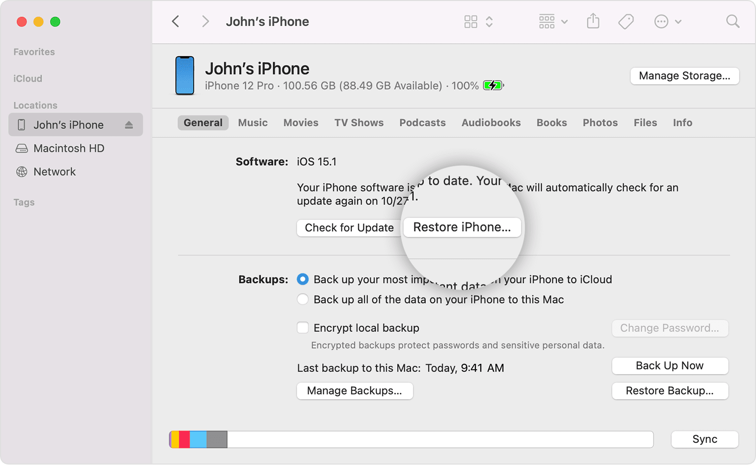macos monterey finder sync iphone restore iphone callout