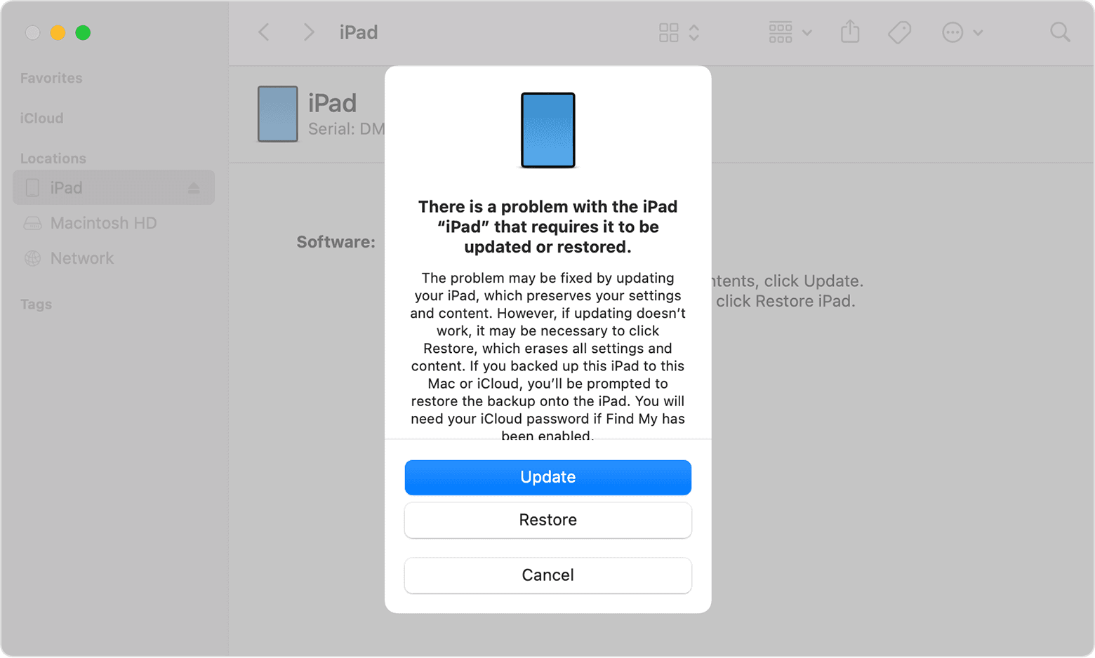 A Finder window showing a prompt with the choice to update or restore your iPad. Update is selected.