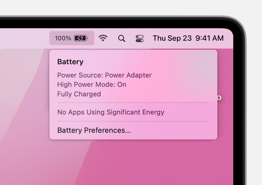 macOS menu bar battery menu showing High Power Mode: On
