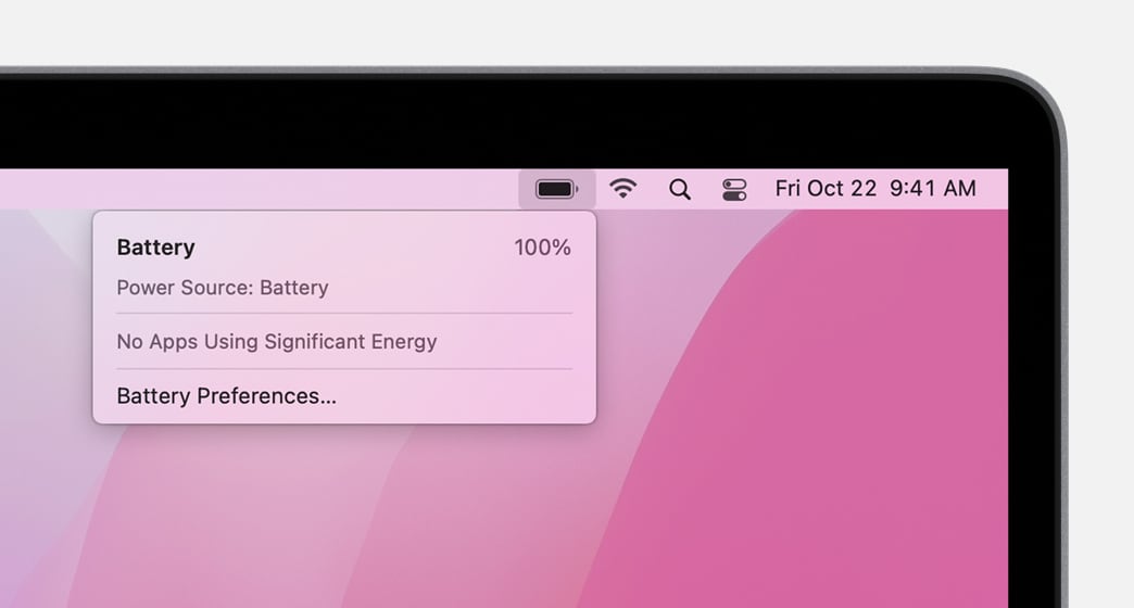 Панель меню macOS с открытым меню аккумулятора