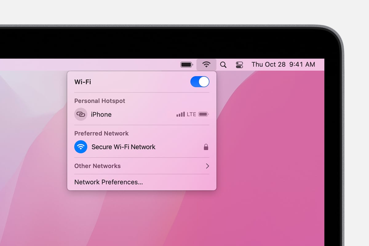 Mac desktop with Wi-Fi menu bar options shown