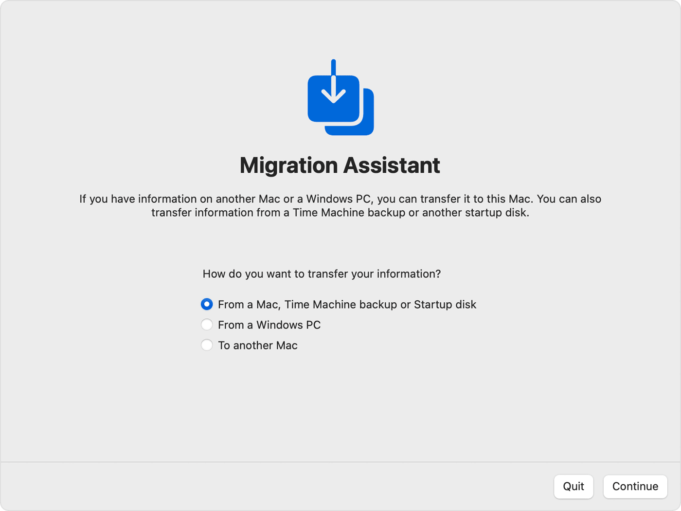 Migration Assistant: how do you want to transfer your information?