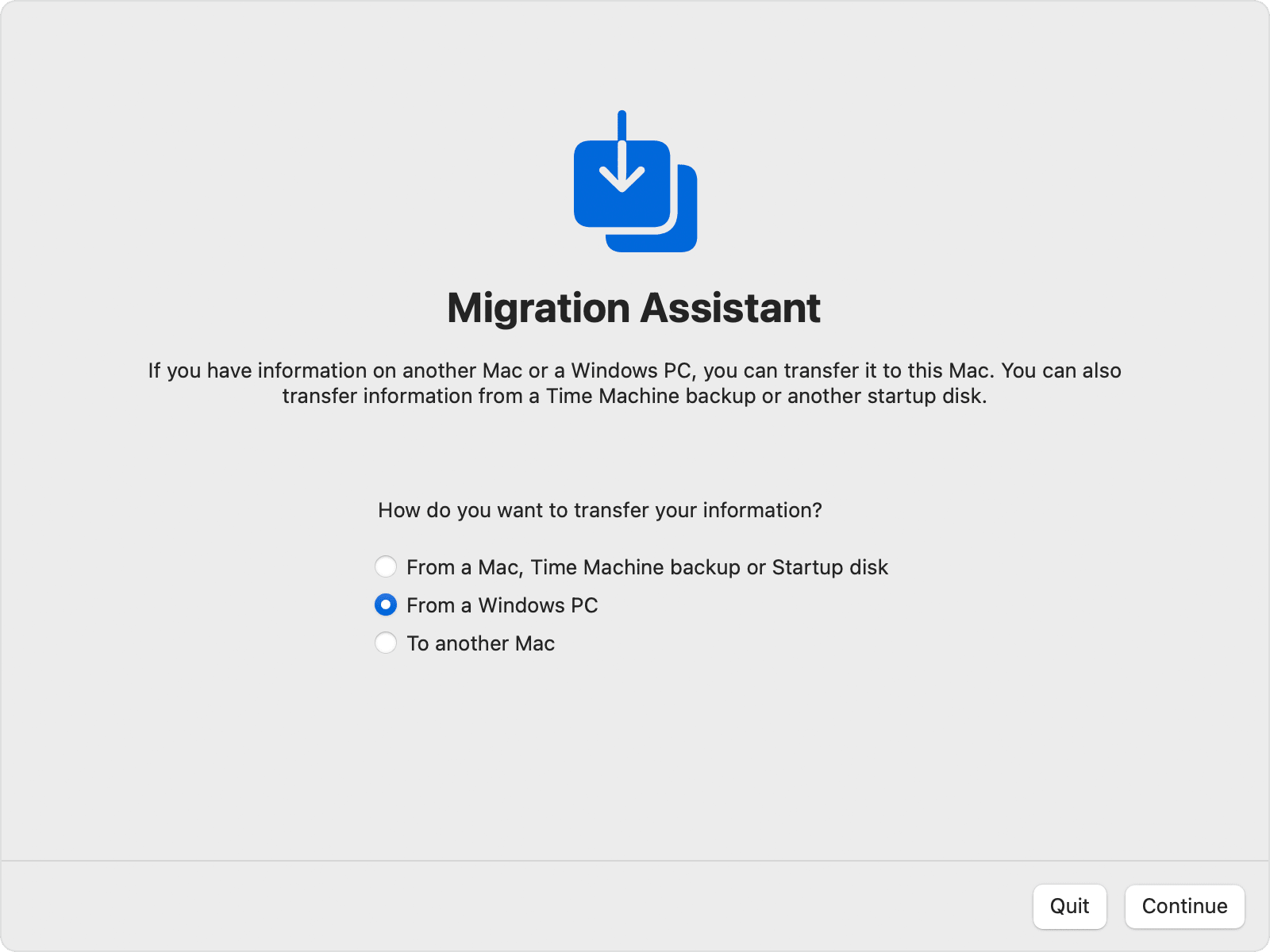 Ассистент миграции: выбор переноса данных с ПК под управлением Windows