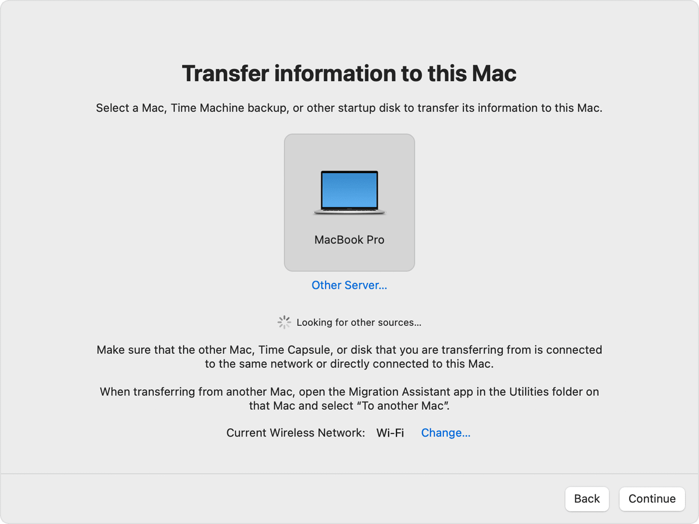 Migration Assistant: Select a transfer source