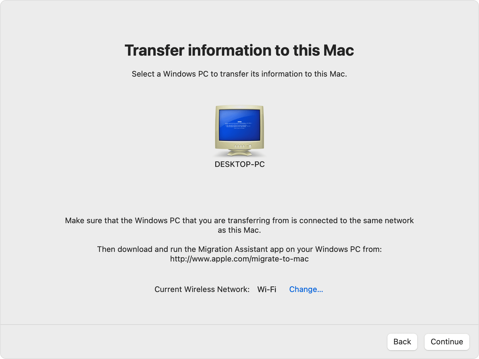 Transer assistente de migração para este Mac