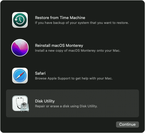 macOS Recovery utilities window with Disk Utility selected