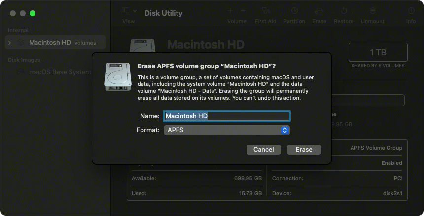 Disk Utility window showing Erase volume group confirmation