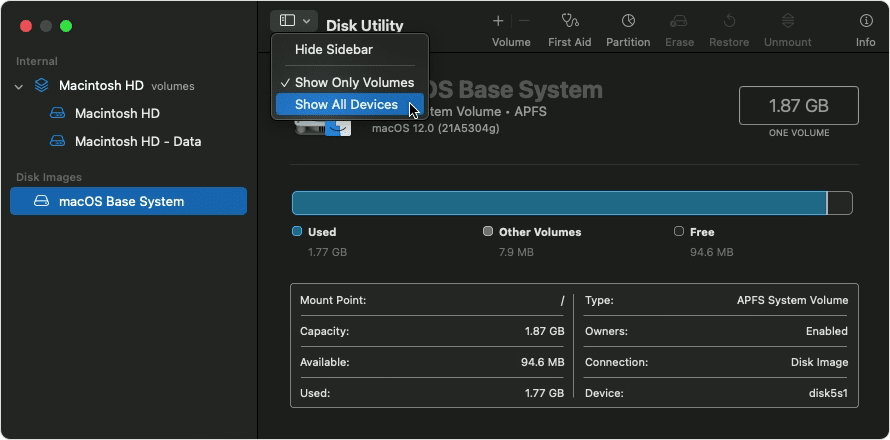 Disk Utility: Show All Devices
