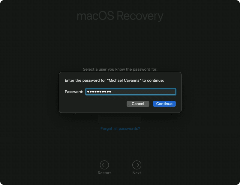 macOS Recovery password prompt popup