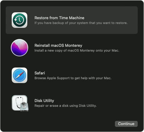 Utilities window in macOS Recovery