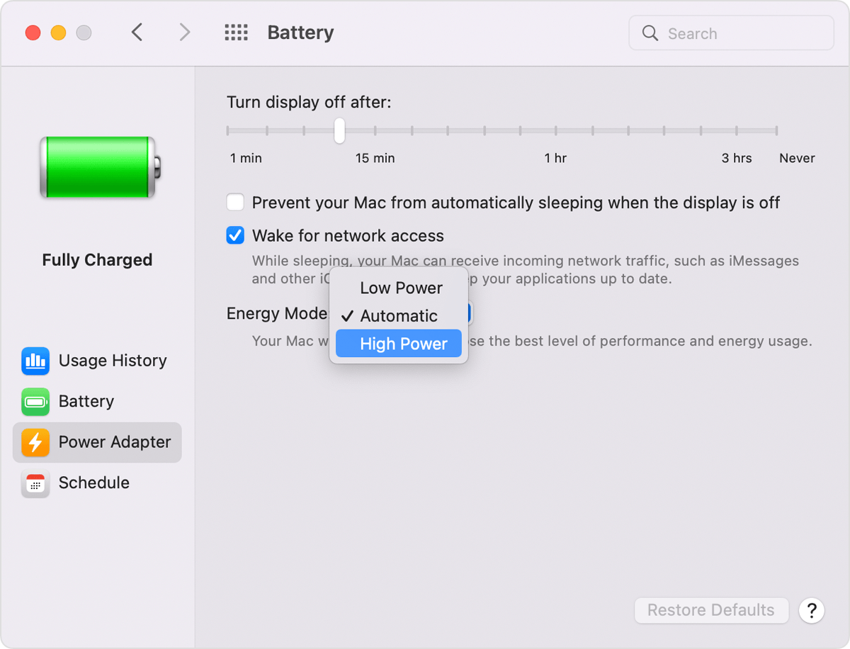 Battery Preferences Energy Mode set to High Power