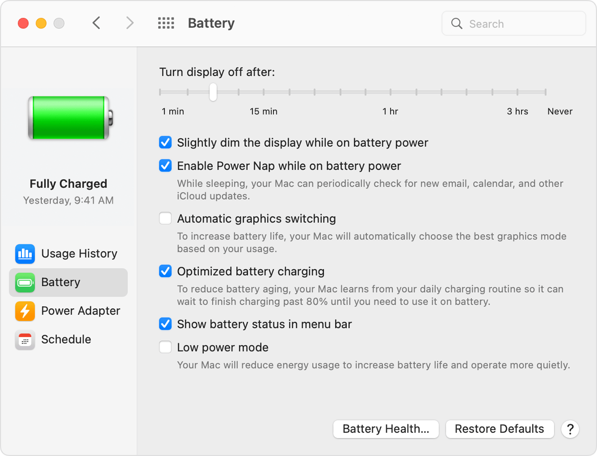 Battery System Preferences window battery options