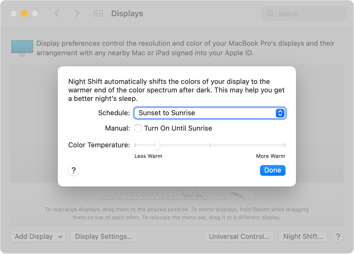 Displays System Preferences with Night Shift options selected