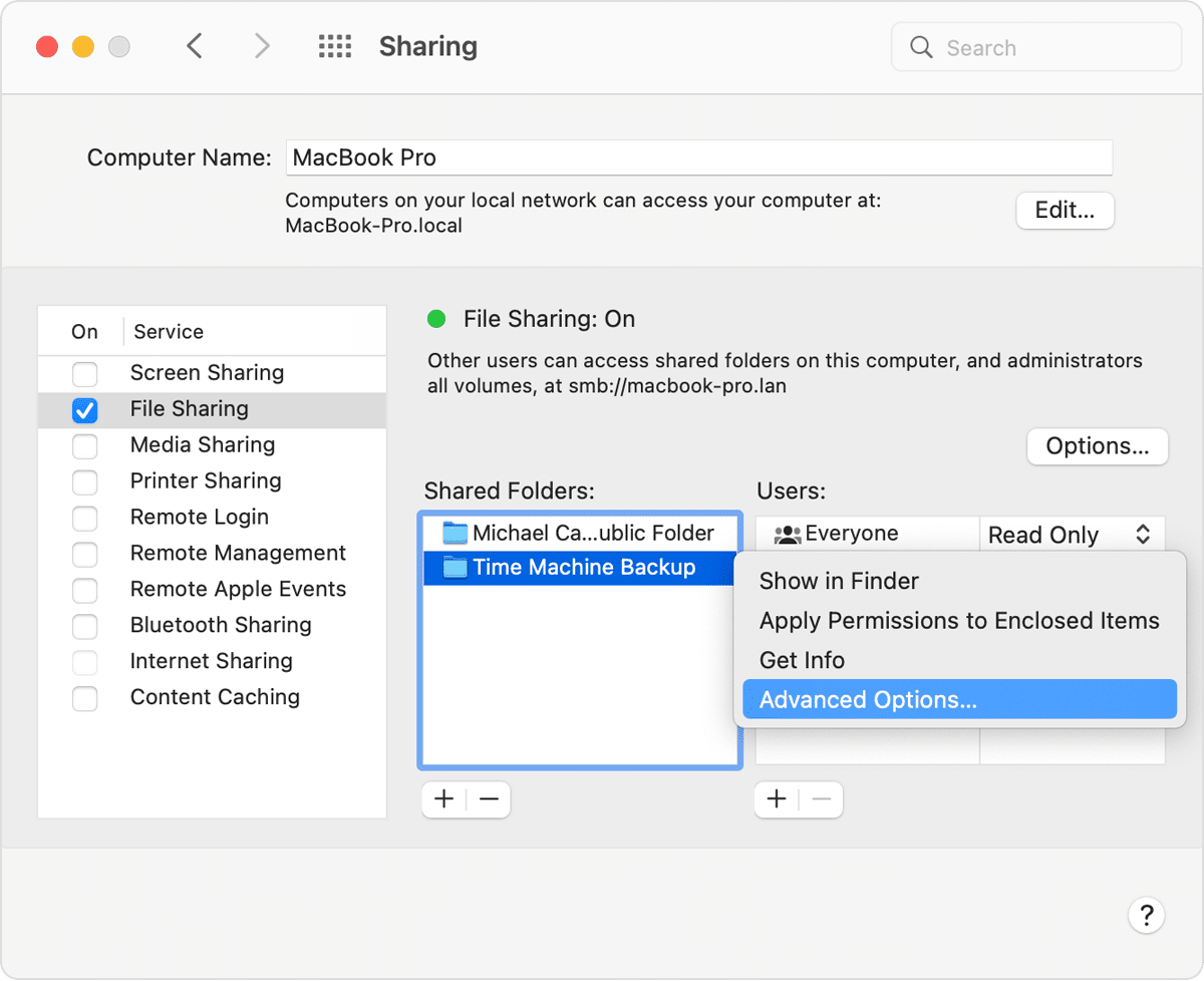 macOS Sharing System Preferences Shared Folders options