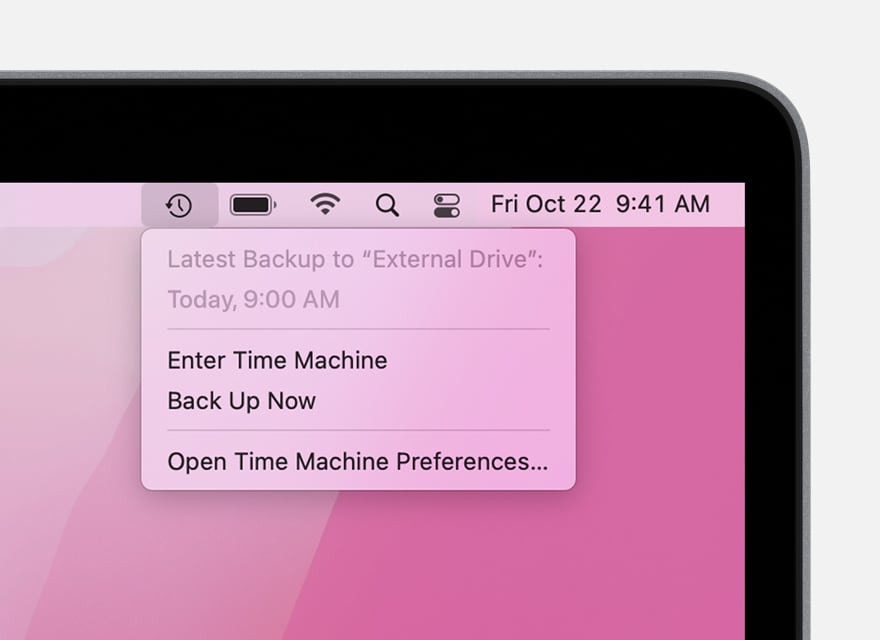 Time Machine menu showing latest backup time