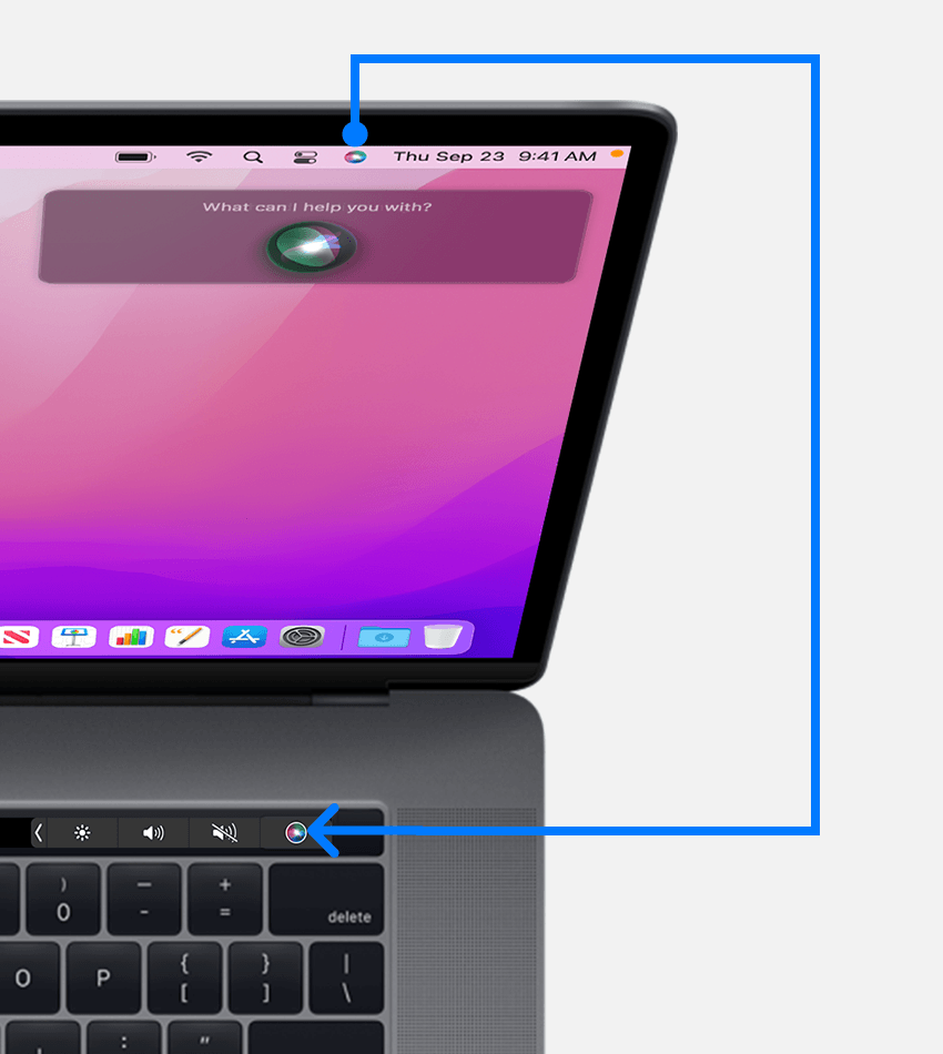 MacBook Pro ar skārienjoslu Touch Bar, kas parāda Siri pogu izvēļņu joslā un skārienjoslā Touch Bar