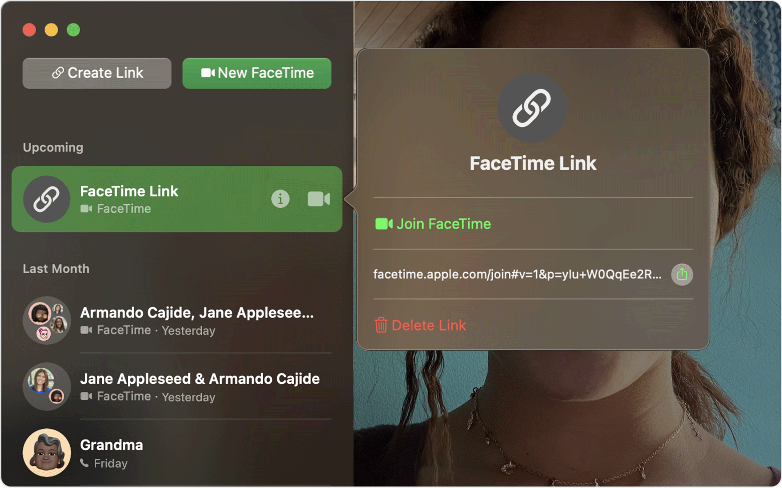 Okno FaceTime po kliknutí na tlačidlo Informácie vedľa položky Odkaz na FaceTime