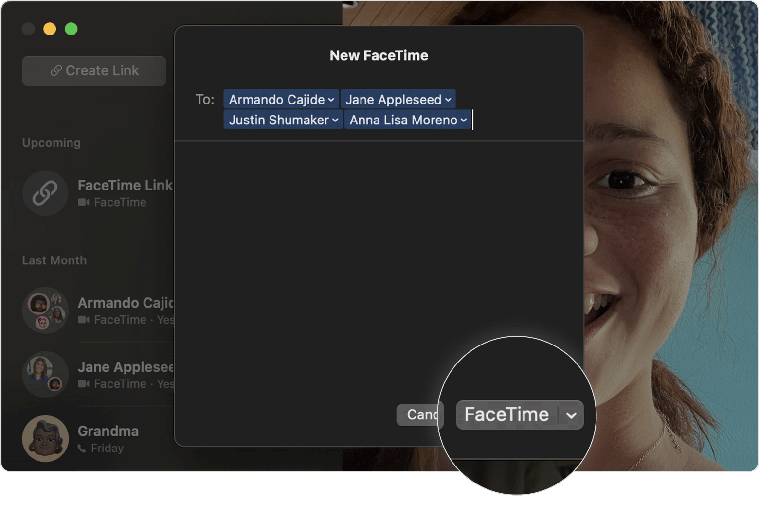 Nawiązywanie połączeń grupowych w aplikacji FaceTime: zakreślony przycisk FaceTime