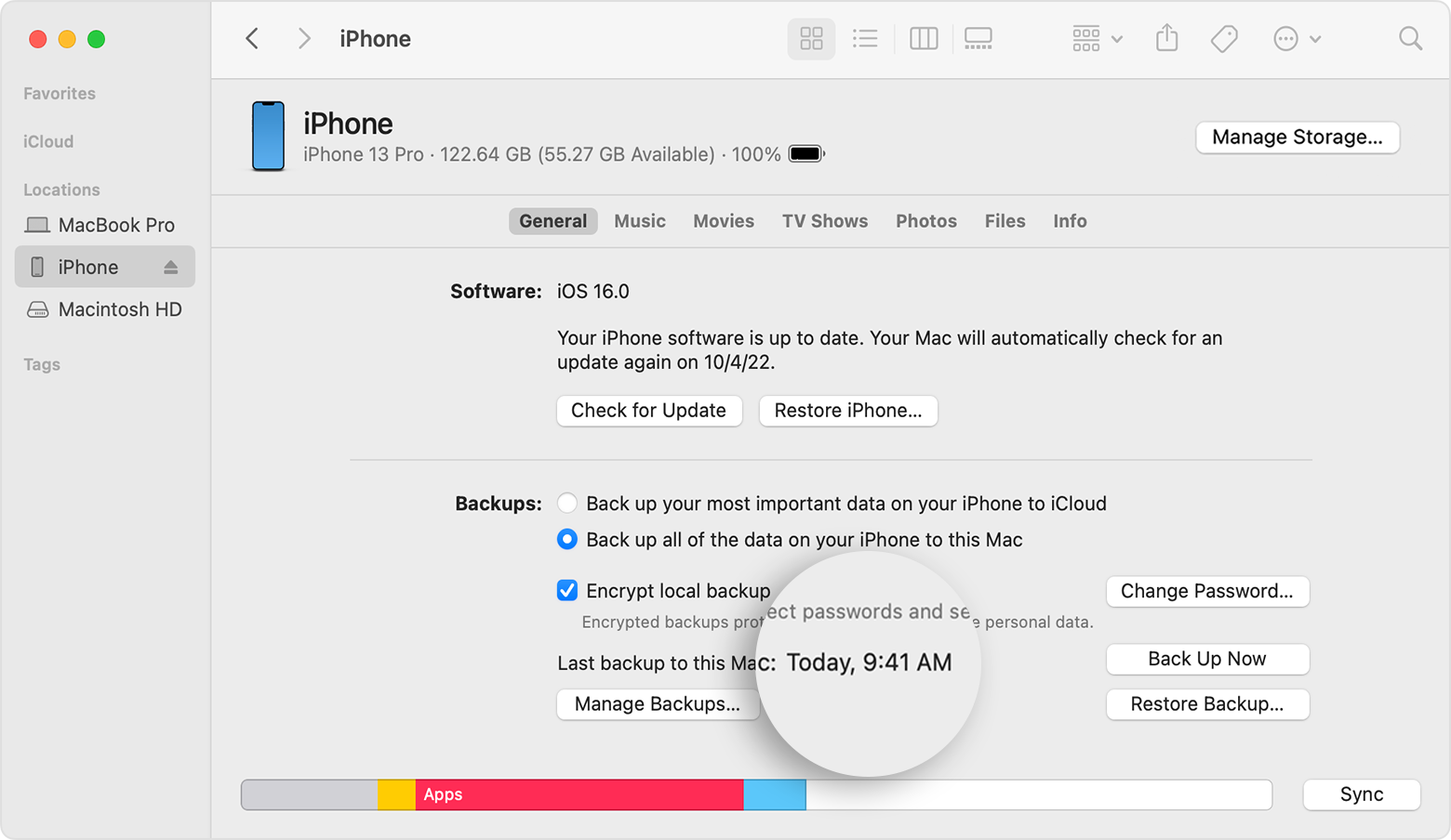 A Finder window with the date and time of the last backup magnified above the Manage Backups button.