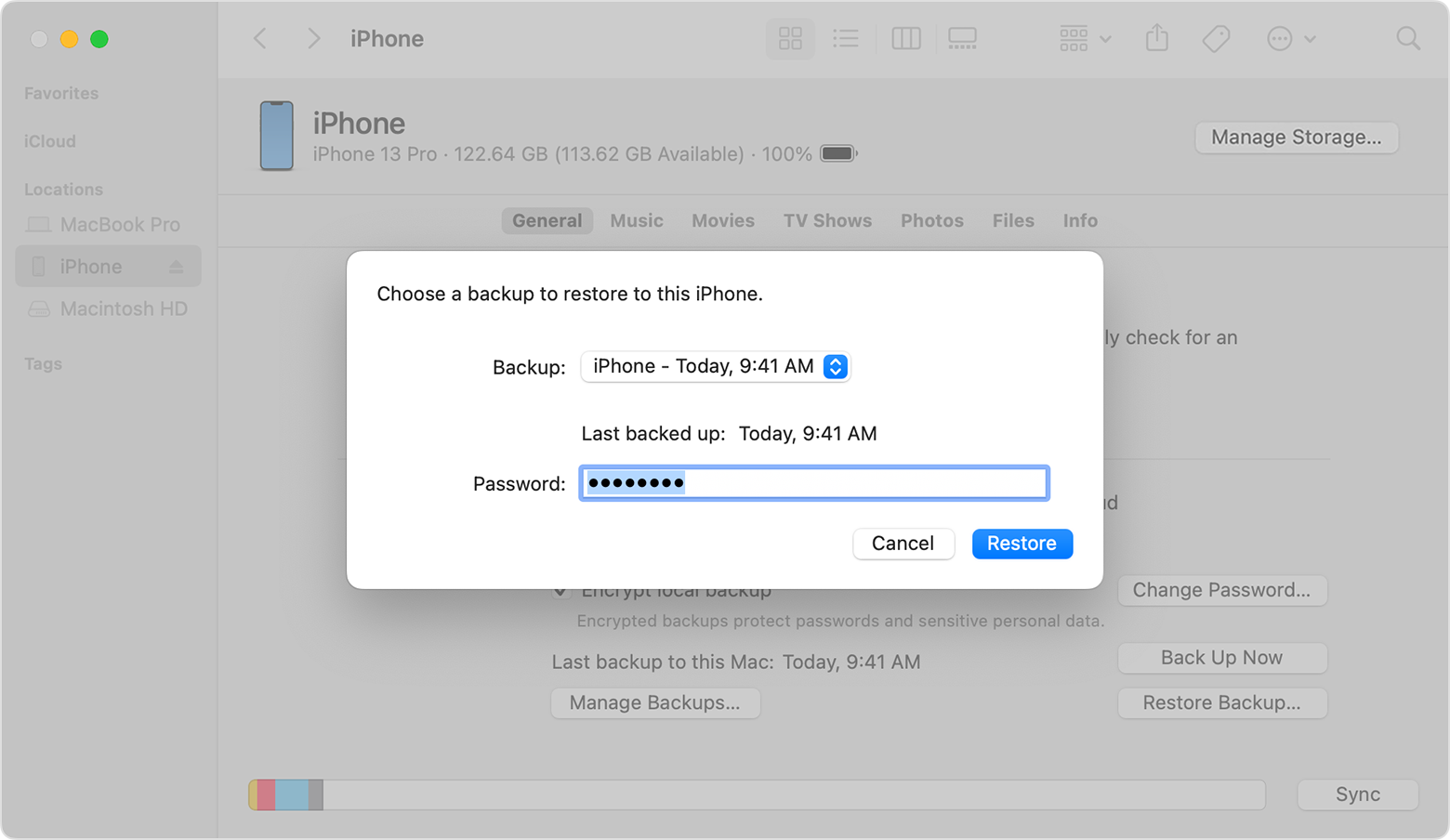 A Finder window with a prompt to choose a backup and enter your password.