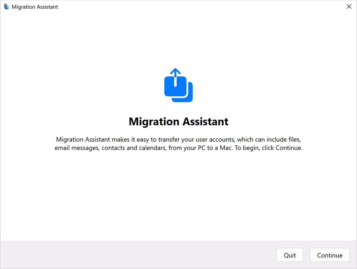 Prima fereastră Asistent de migrare pe PC