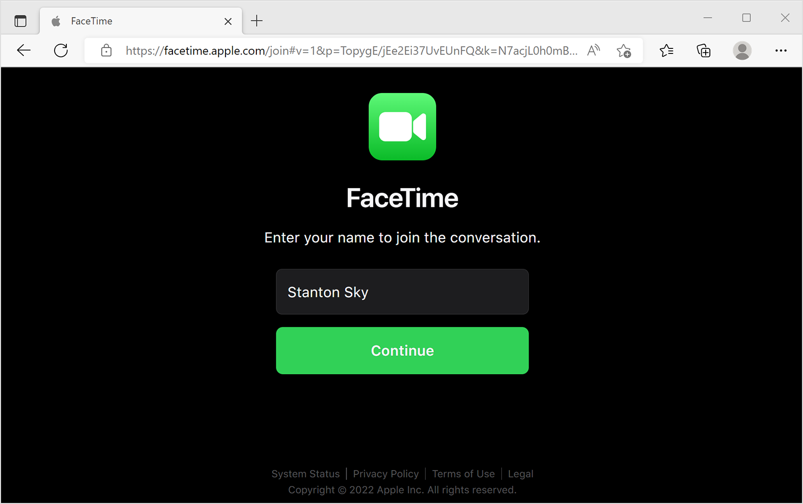 Fenêtre du navigateur FaceTime : tapez votre nom