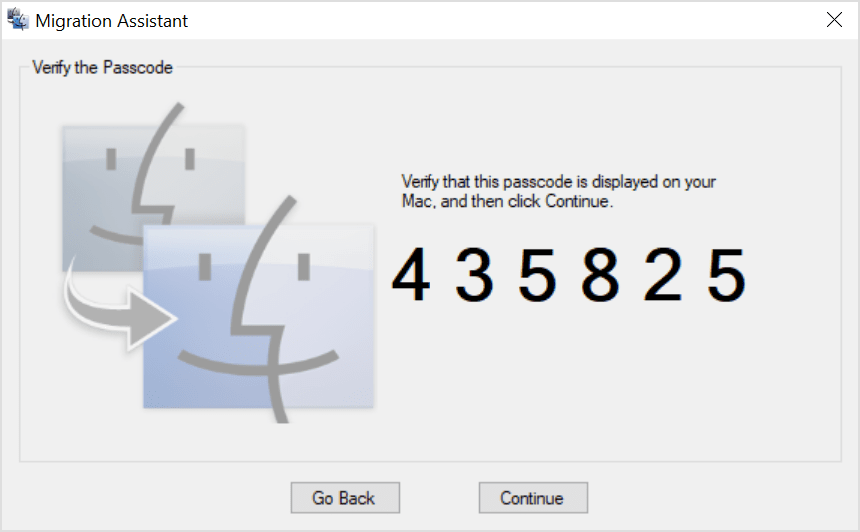 Verifying the passcode in Migration Assistant
