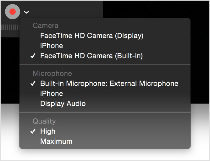 Movie recording window with settings menu