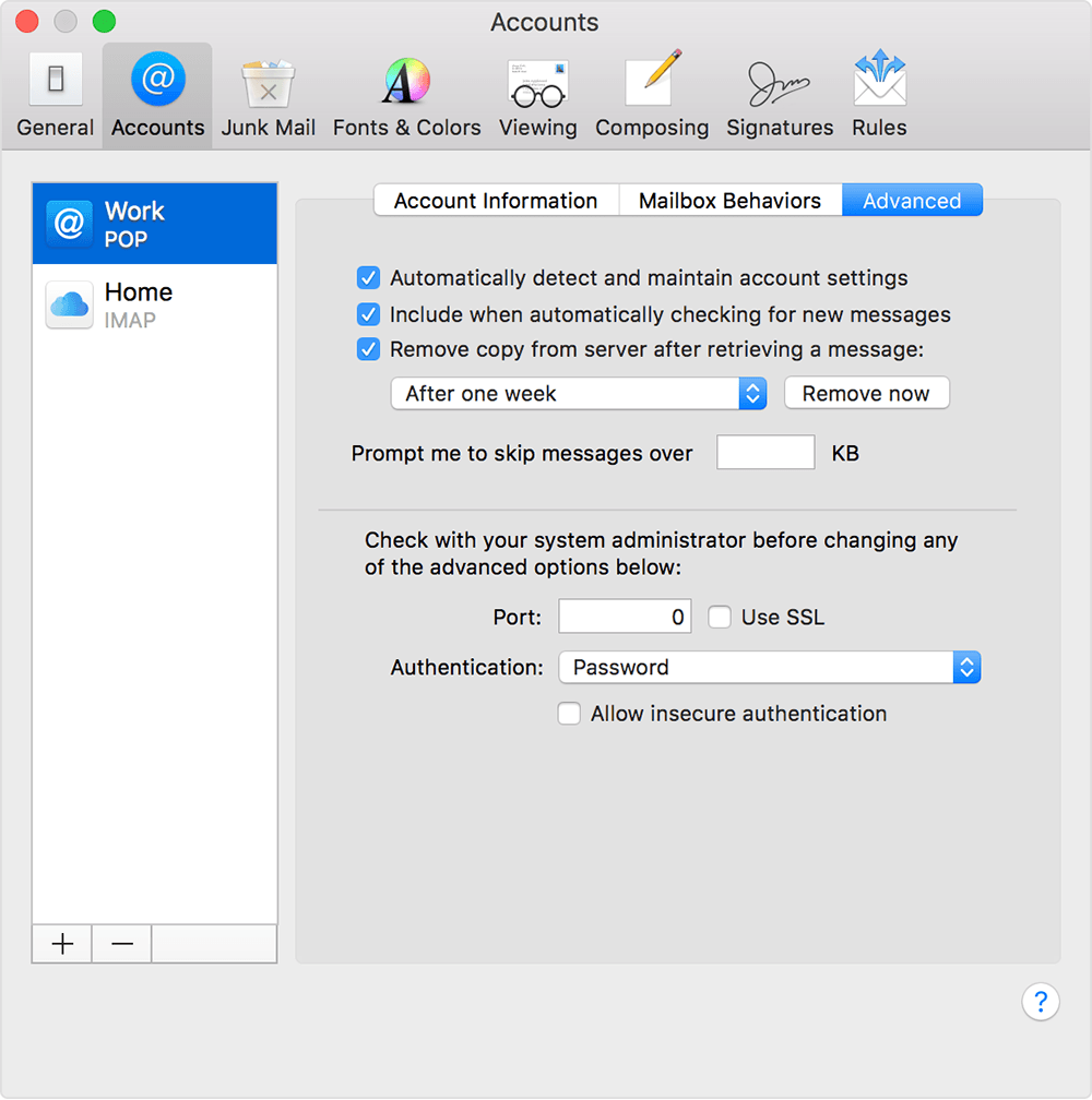 mac mail remove account leave notes