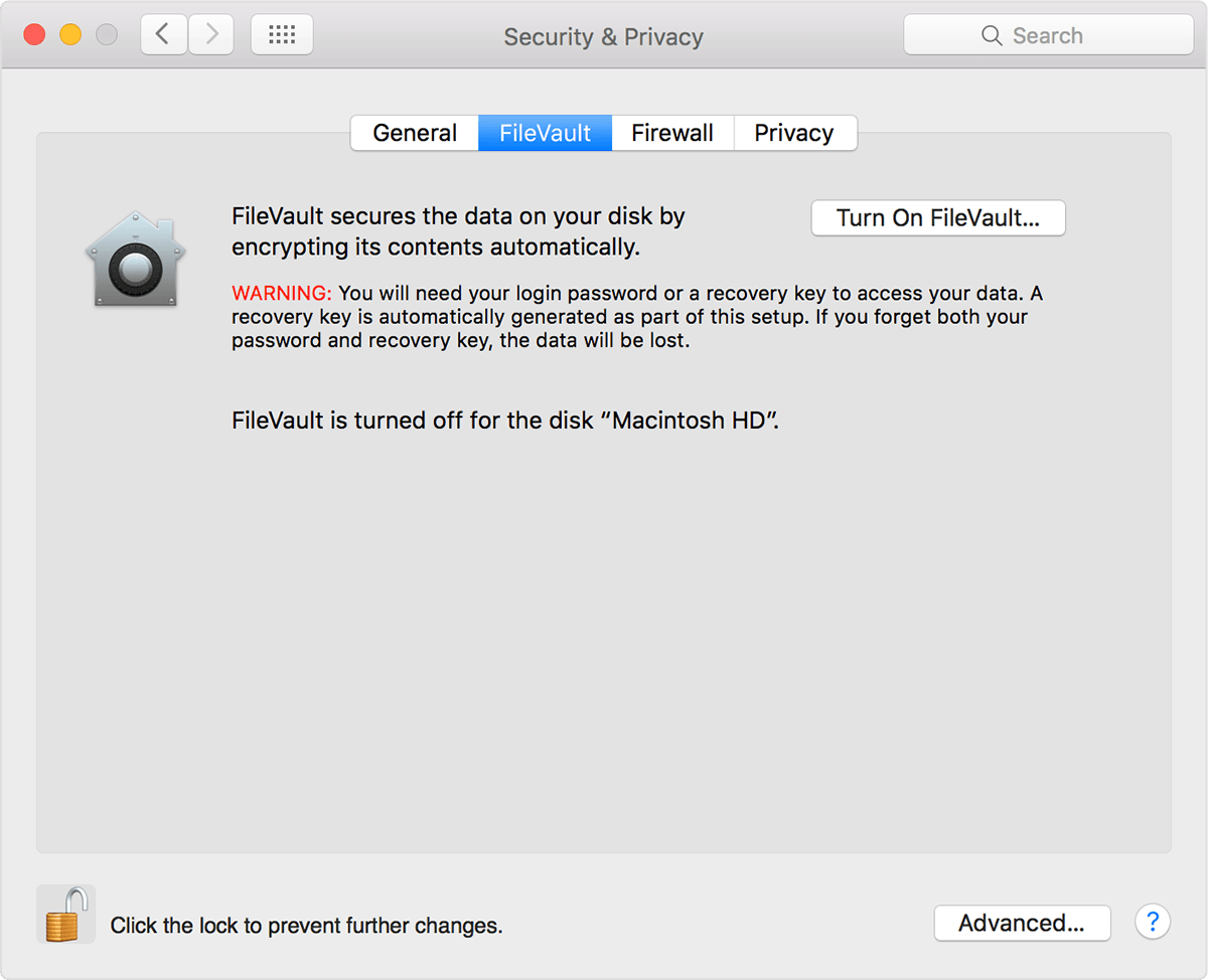 Image showing security & privacy section of a Mac with Filevault selected.