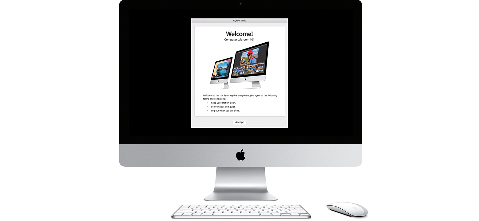Banner zásad zobrazený na iMacu