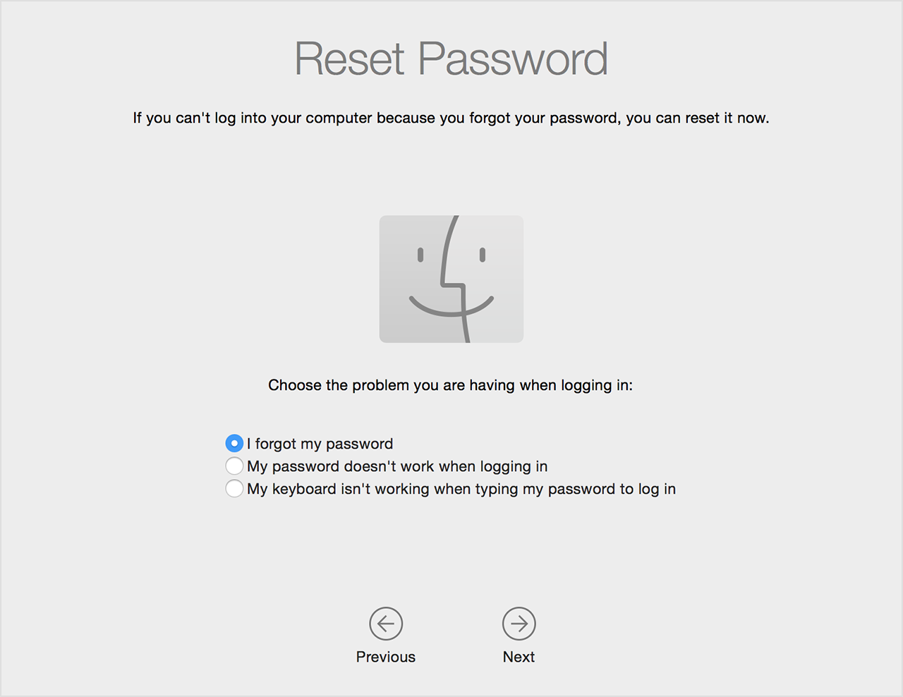 Reset Password assistant window