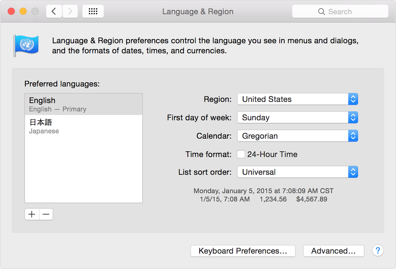 Language & Region pane