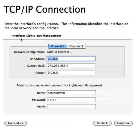 「TCP/IP 接続」パネル