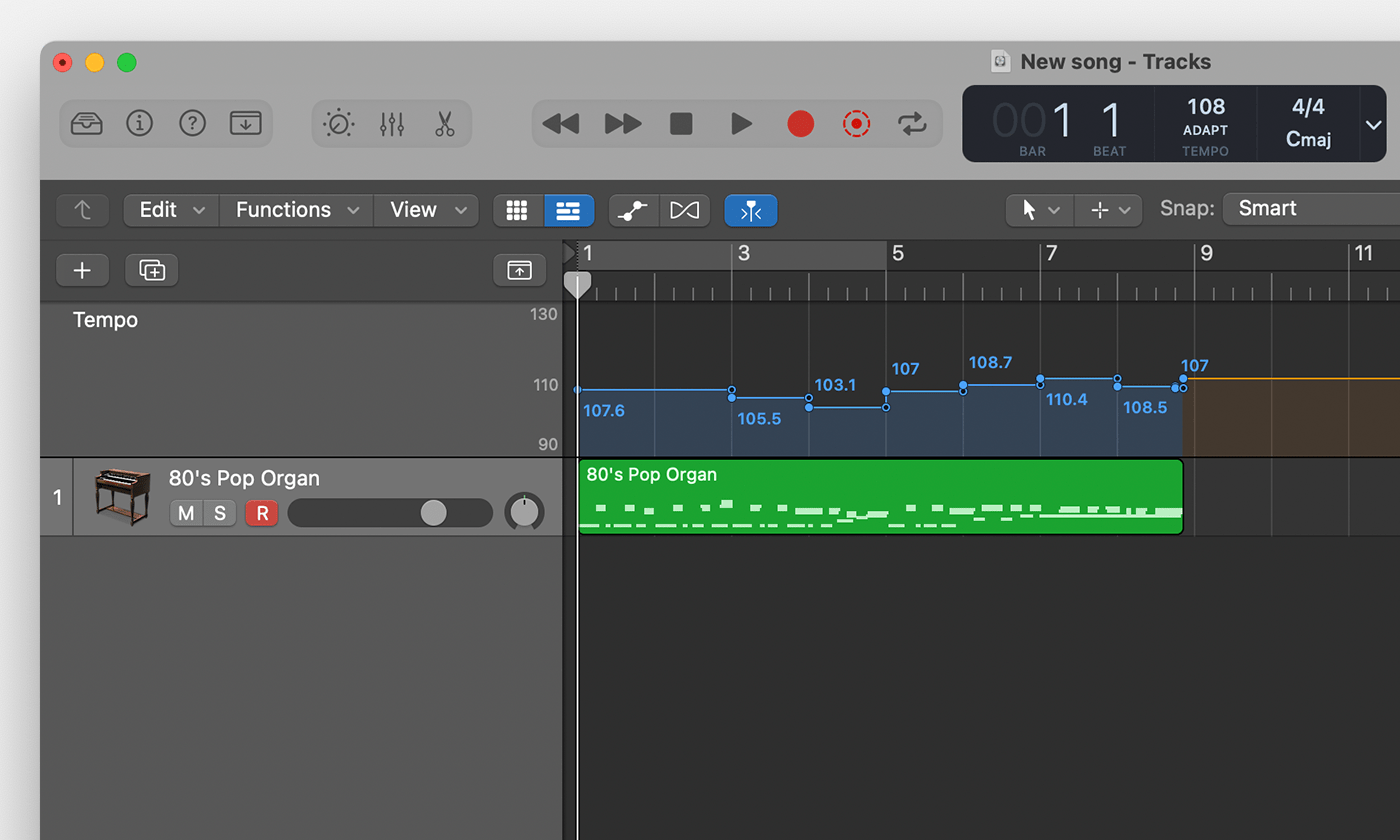 The tempo track showing a tempo map after recording a MIDI track in Adapt Smart Tempo mode