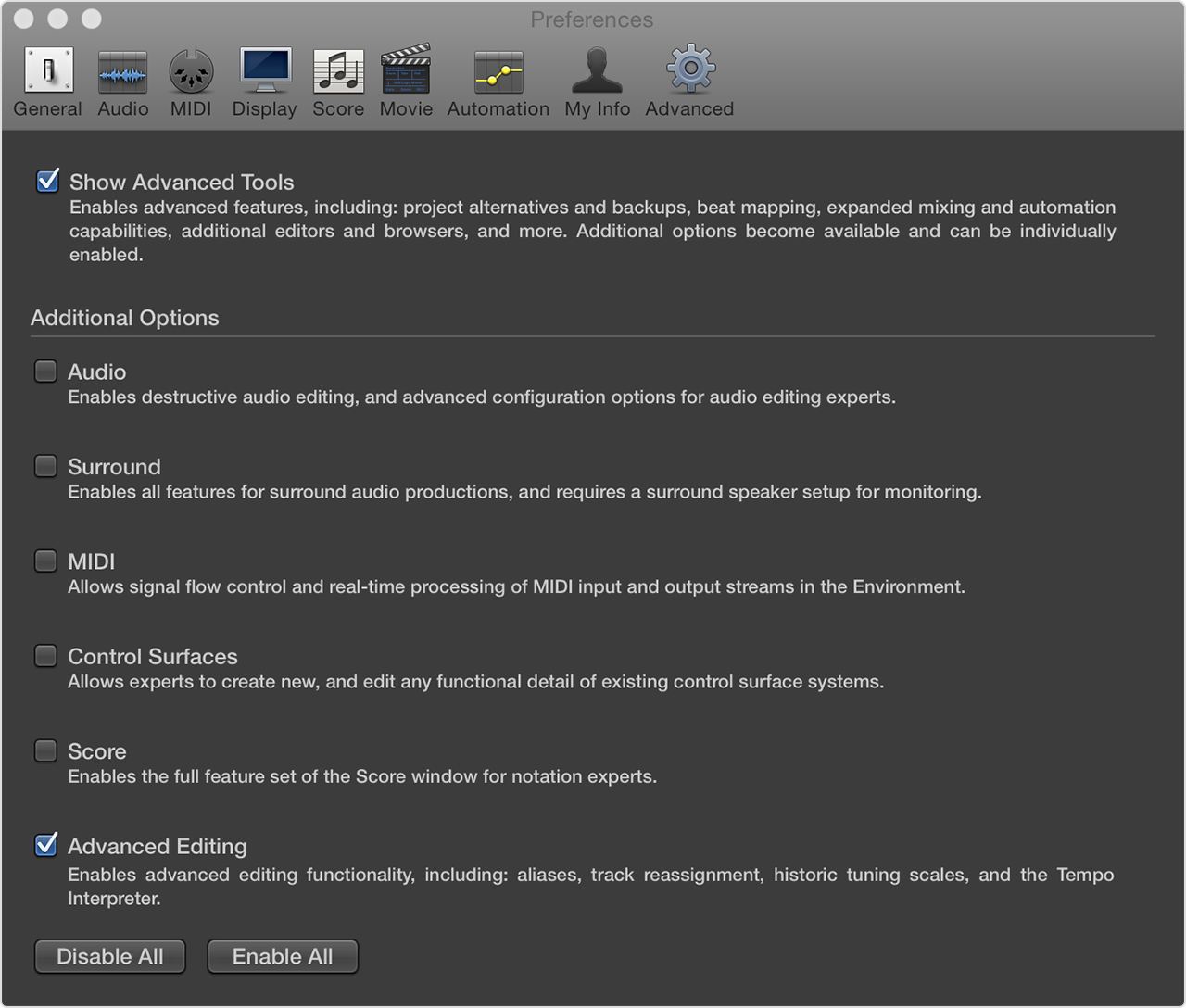 Advanced info. Logic Pro preferences.