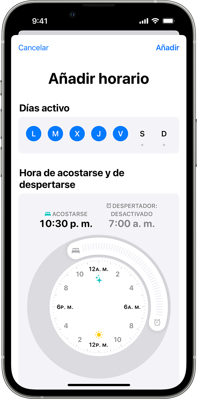 Pantalla del iPhone con las opciones para editar un horario de sueño completo