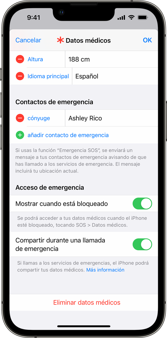 Un iPhone que muestra la pantalla de configuración de tus datos médicos, en la que puedes añadir contactos de emergencia.