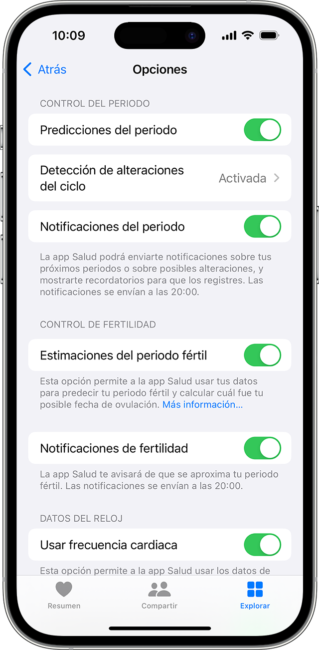 Opciones de Control del Ciclo para notificaciones de seguimiento del periodo y la fertilidad en el iPhone
