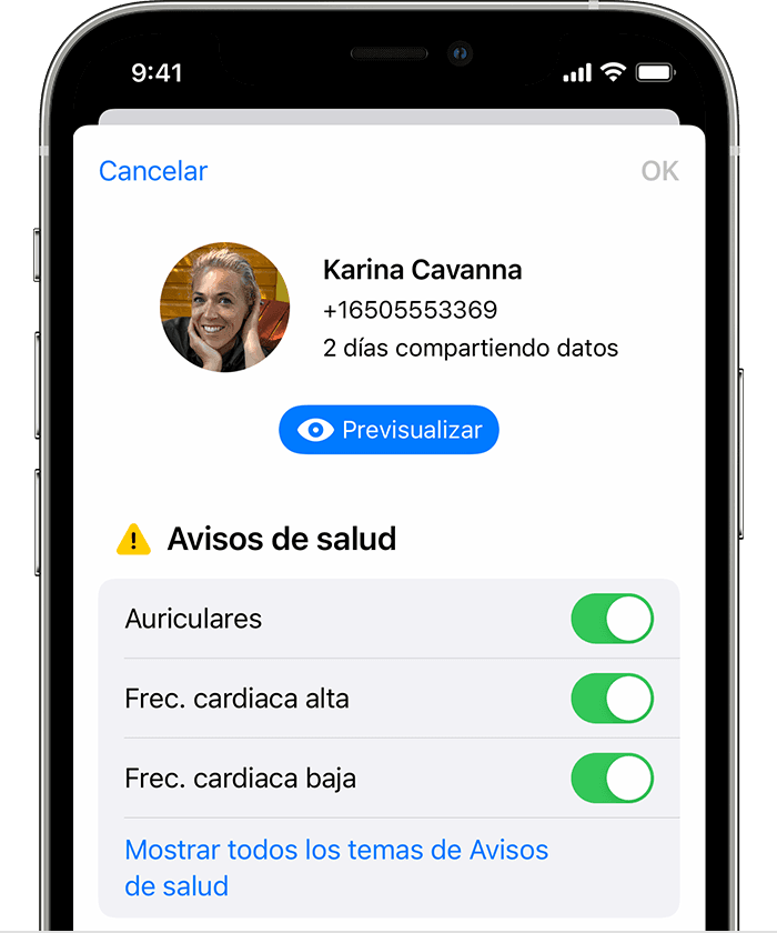 Una pantalla de iPhone que muestra los temas de salud disponibles que puedes añadir o dejar de compartir.