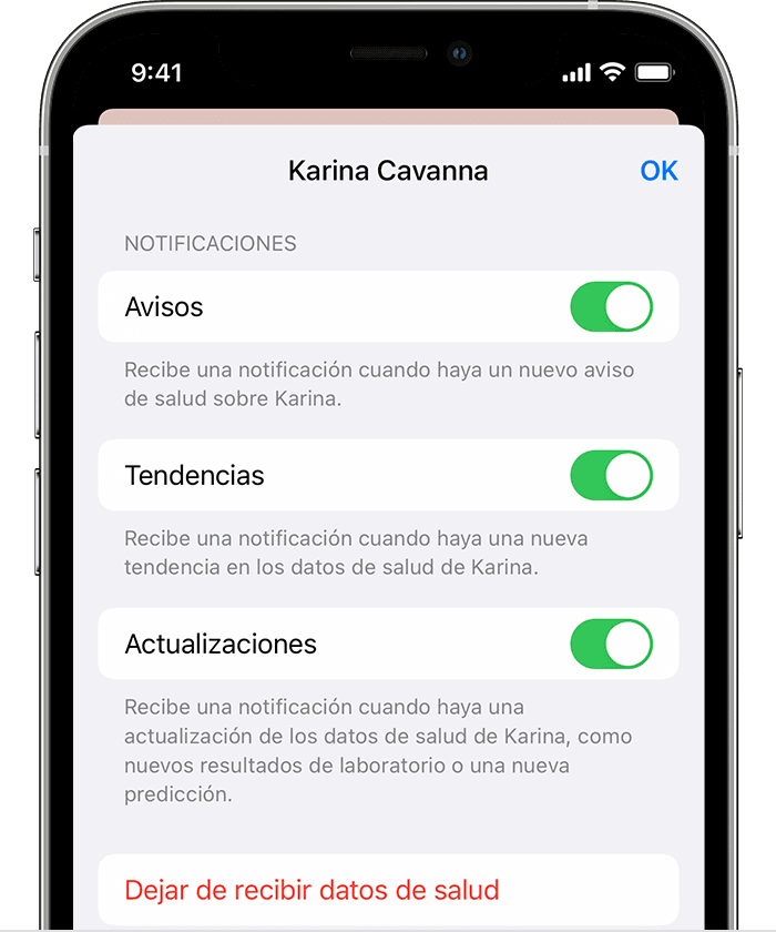 Una pantalla de iPhone que muestra las opciones para desactivar Alertas, Tendencias o Actualizaciones al compartir datos de salud con otra persona.