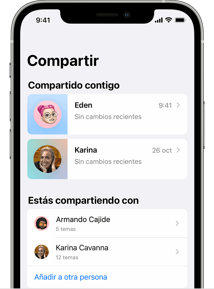 Una pantalla de iPhone que muestra la pestaña Compartir de la app Salud.